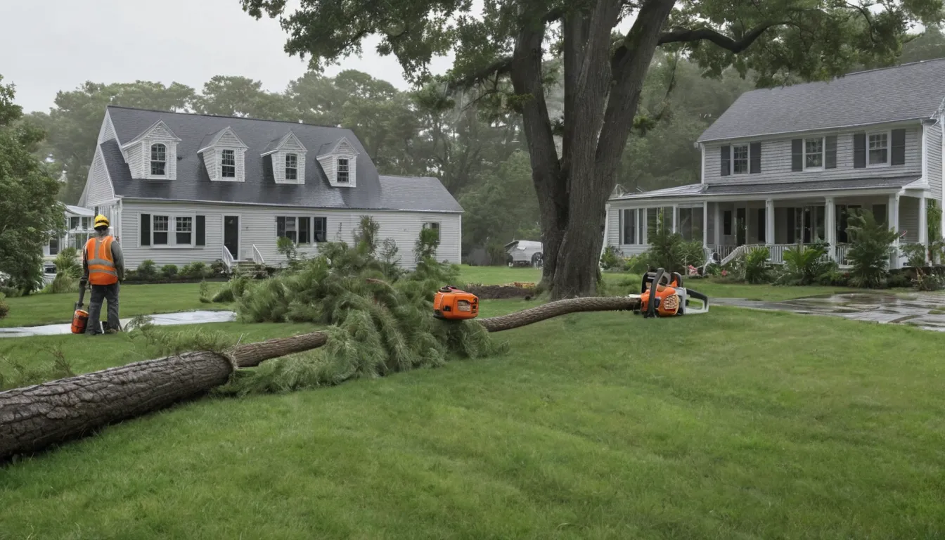 A fallen tree resting across a backyard fence in Lansdale after a storm