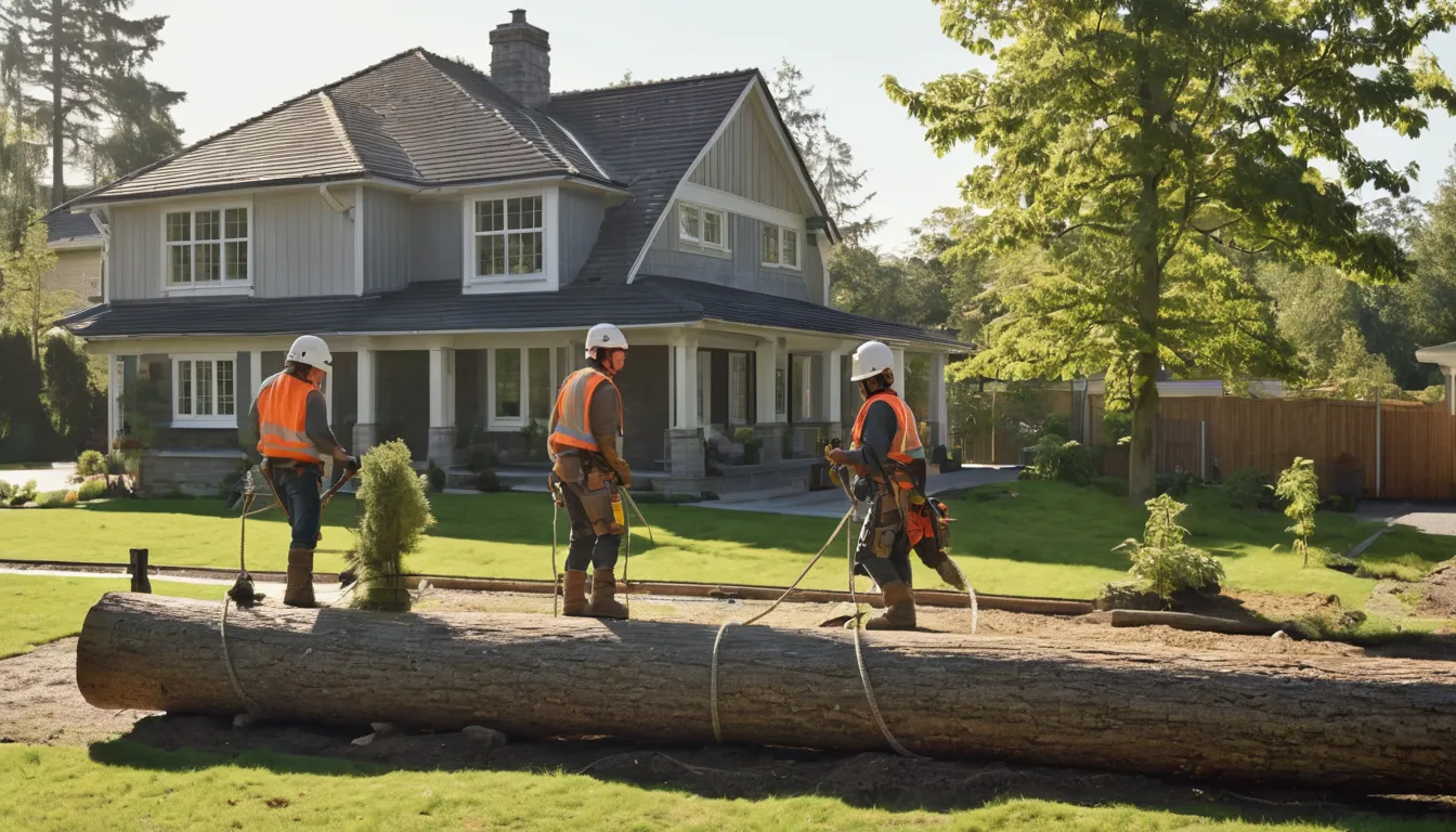 A local tree removal provider lowering a section of trunk beside a house in Lansdale